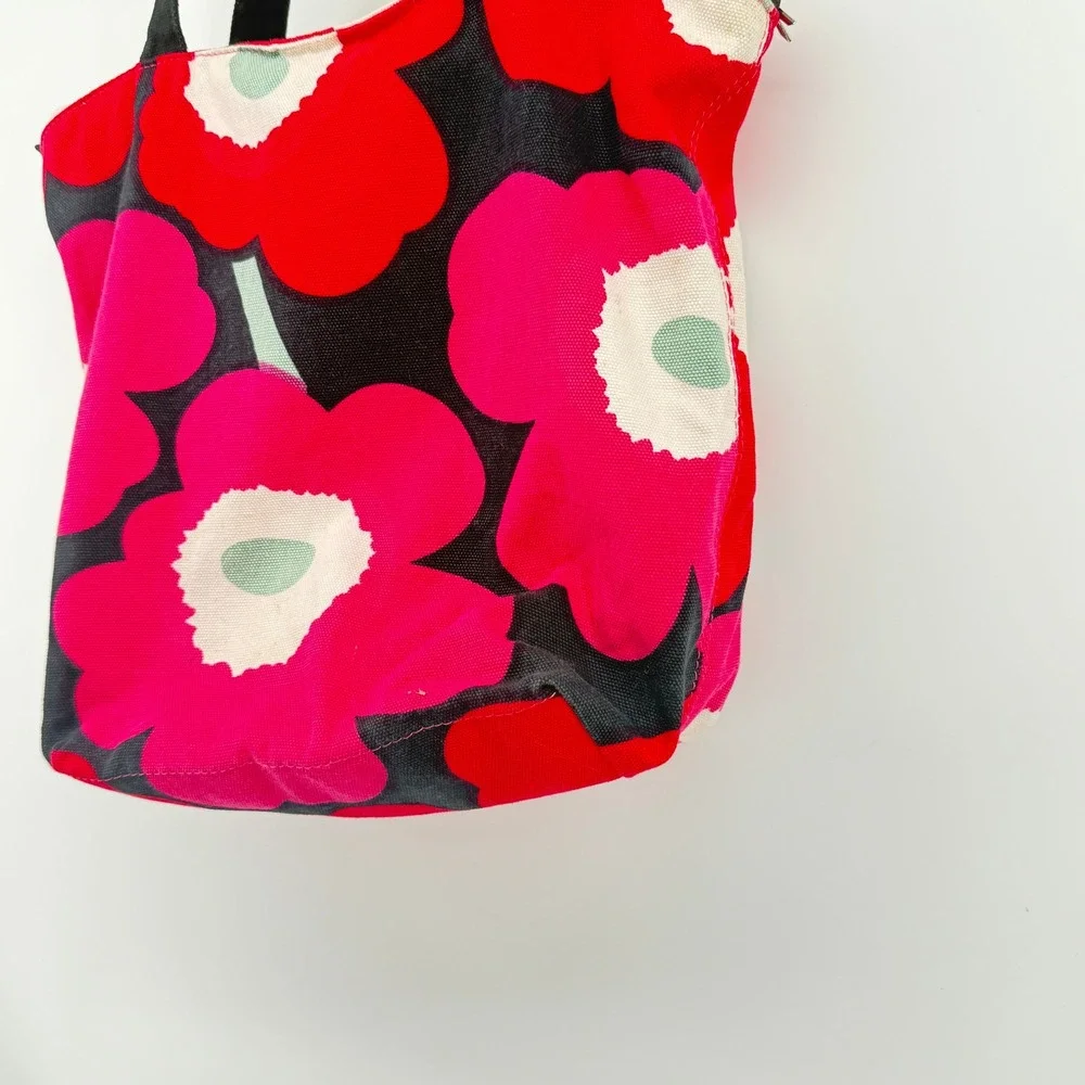 Marimekko Unikko Floral Tote Bag Womens Red Pink Canvas Zipper Shoulder Bag